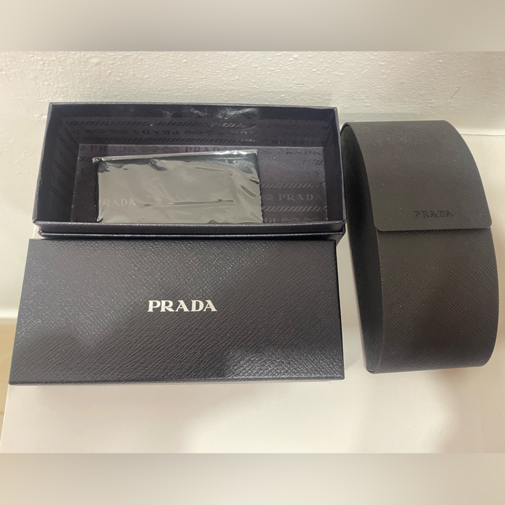 Prada Black eyeglass case, box and cleaning wipe. New sunglass case